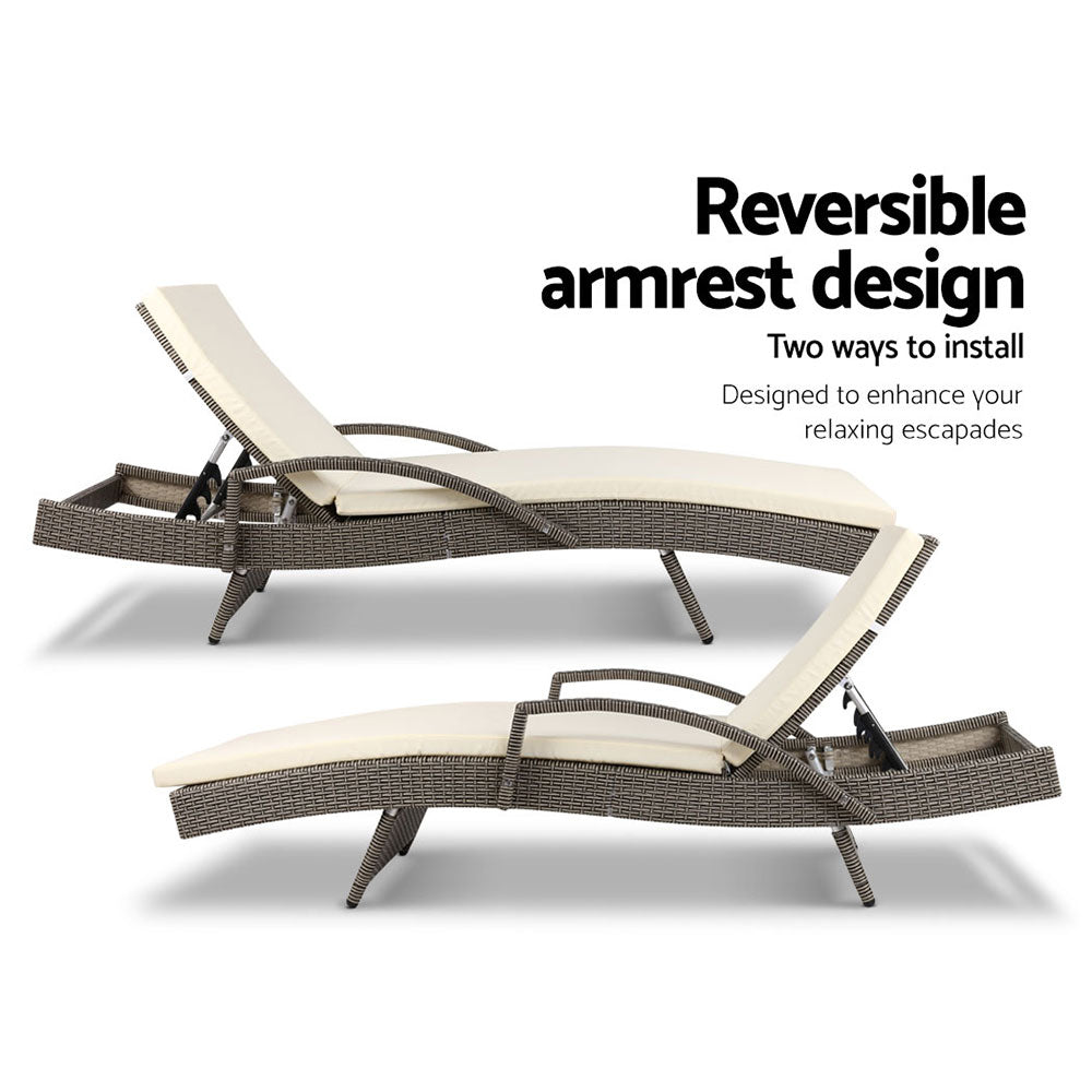 Arm Chairs & Recliners: Gardeon 2PC Sun Lounge Wicker Lounger Outdoor Furniture Beach Chair Adjustable Cushion Grey&Beige