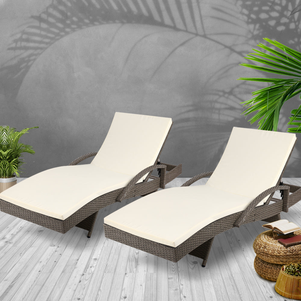 Arm Chairs & Recliners: Gardeon 2PC Sun Lounge Wicker Lounger Outdoor Furniture Beach Chair Adjustable Cushion Grey&Beige
