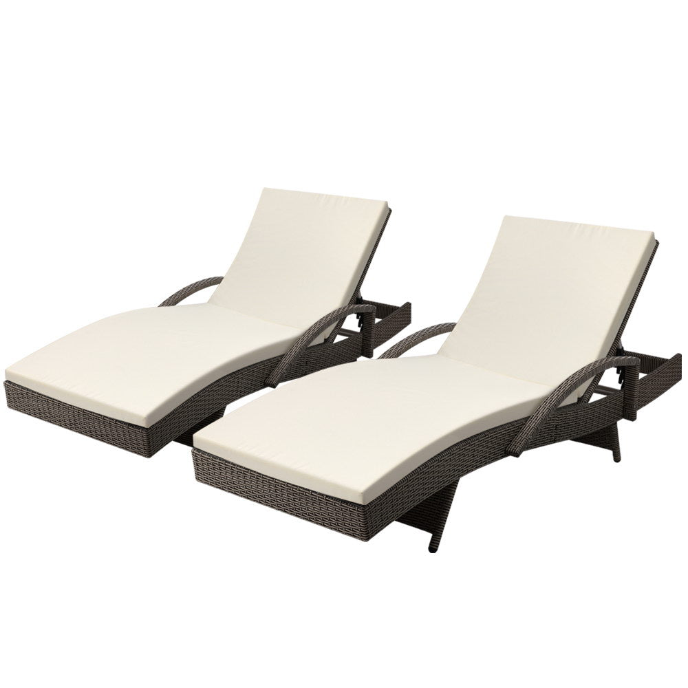 Arm Chairs & Recliners: Gardeon 2PC Sun Lounge Wicker Lounger Outdoor Furniture Beach Chair Adjustable Cushion Grey&Beige