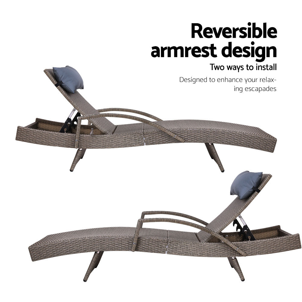 Arm Chairs & Recliners: Gardeon 2x Sun Lounge Wicker Lounger Outdoor Furniture Beach Armchair Adjustable Grey&Beige