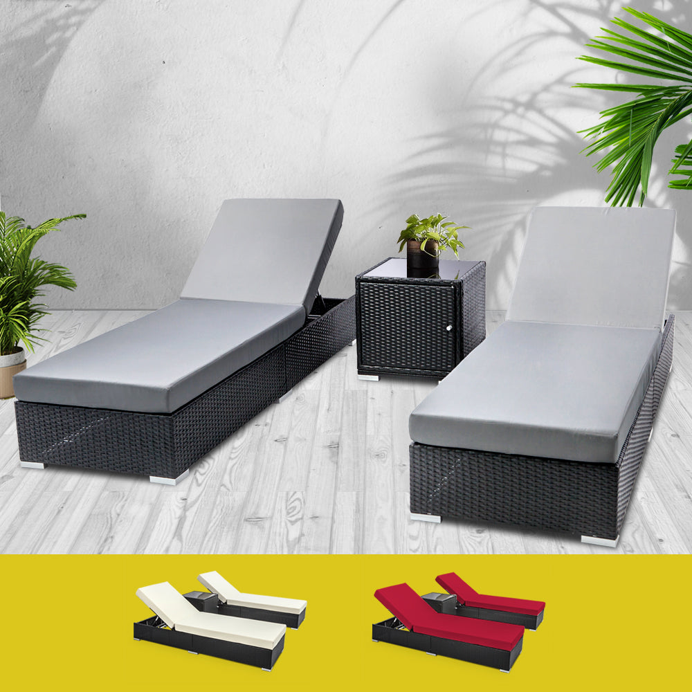 Outdoor Sofas & Lounge Sets: Gardeon 3PC Sun Lounge Wicker Lounger Outdoor Furniture Day Bed Rattan Garden