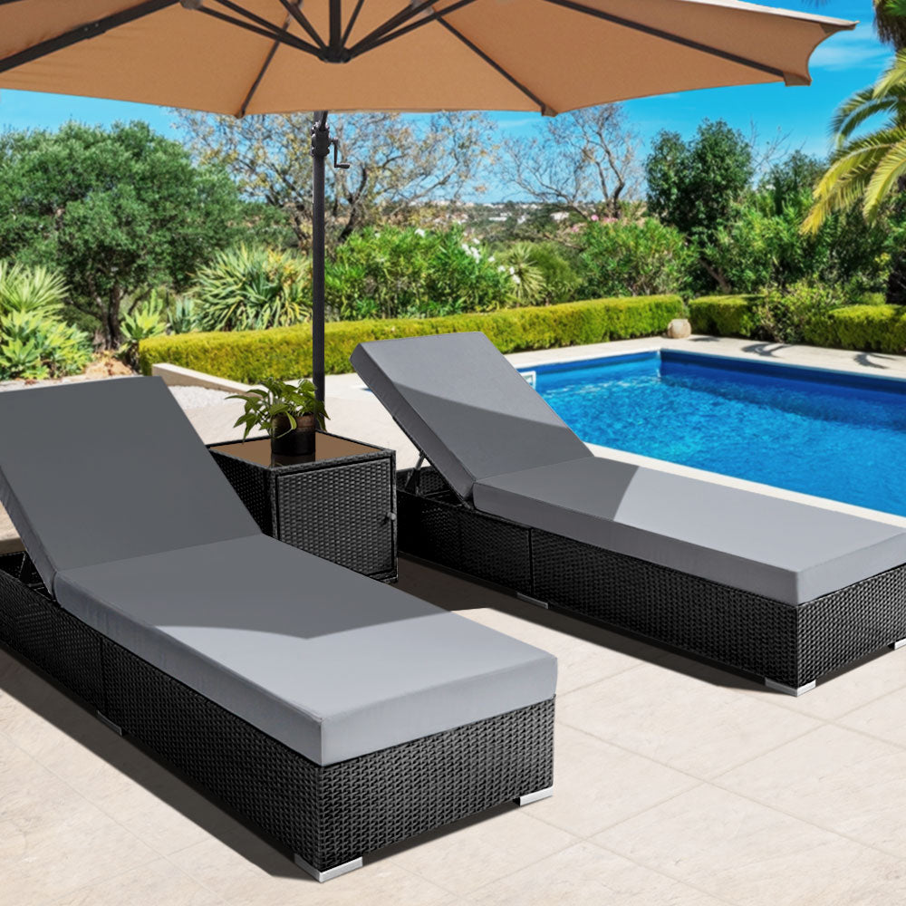 Outdoor Sofas & Lounge Sets: Gardeon 3PC Sun Lounge Wicker Lounger Outdoor Furniture Day Bed Rattan Garden