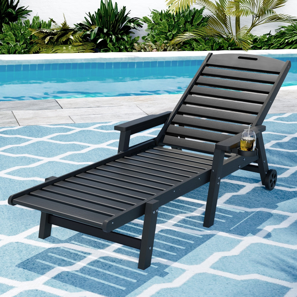 Outdoor Chairs: Gardeon Sun Lounge Lounger Beach Chair HDPE Patio Outdoor Furniture with Wheels Black