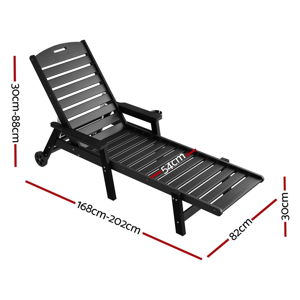 Gardeon 2PCS Sun Lounge Lounger Beach Chair HDPE Patio Outdoor Furniture with Wheels Black