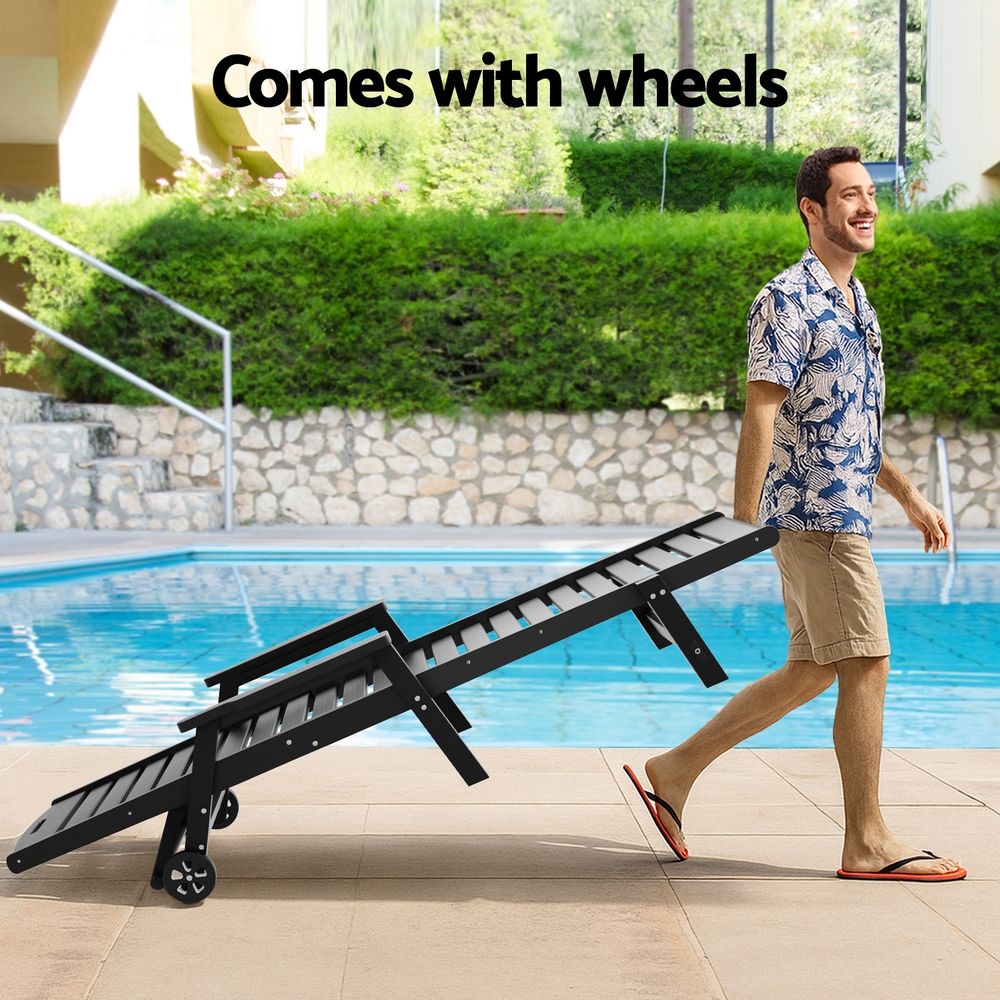 Gardeon 2PCS Sun Lounge Lounger Beach Chair HDPE Patio Outdoor Furniture with Wheels Black