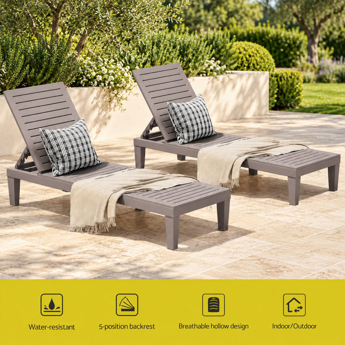 Set of 2 Gardeon Sun Lounge Adjustable Recliner Patio Outdoor Furniture Lightweight Brown