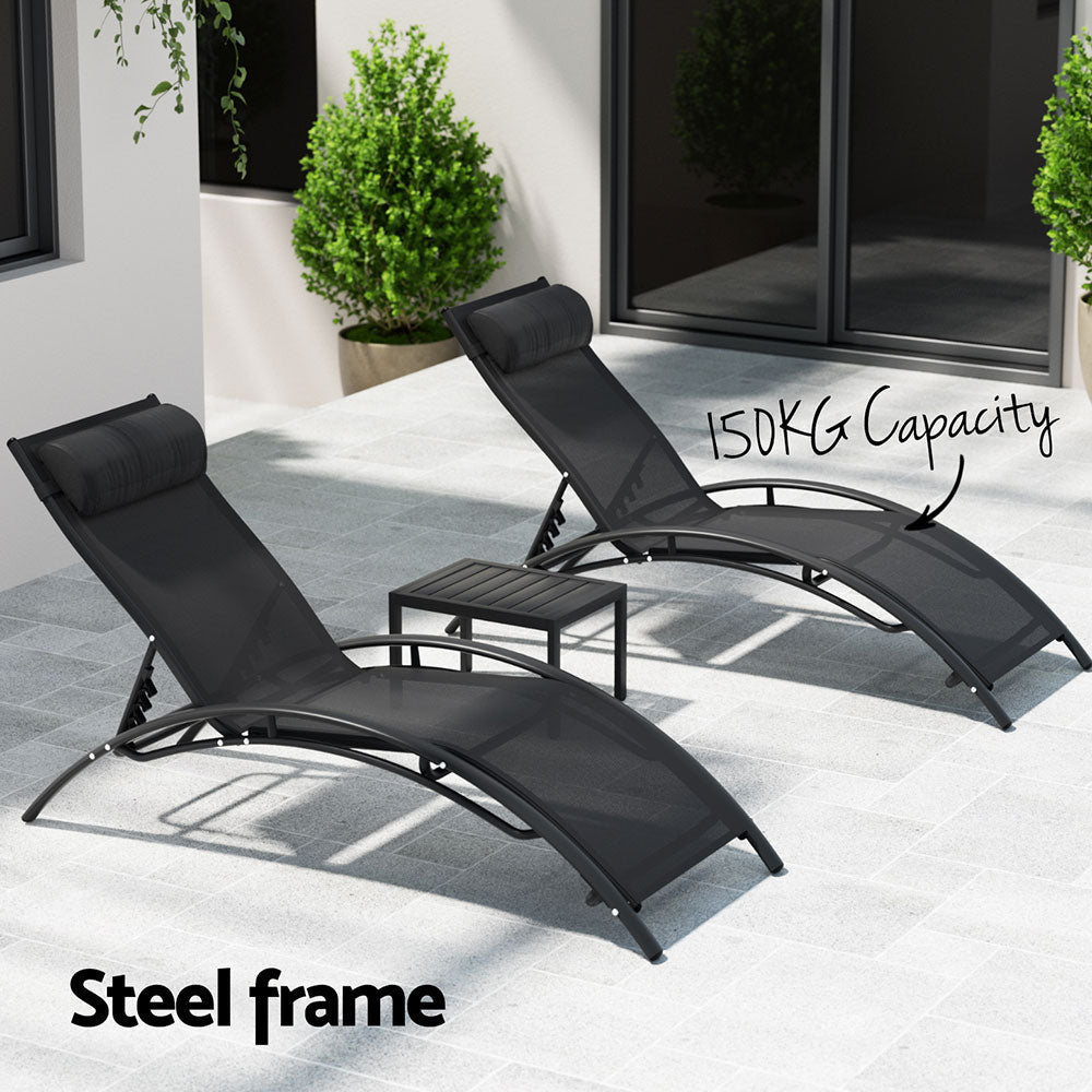 Outdoor Chairs: Gardeon 3PC Sun Lounge Outdoor Lounger Steel Table Chairs Patio Furniture Garden