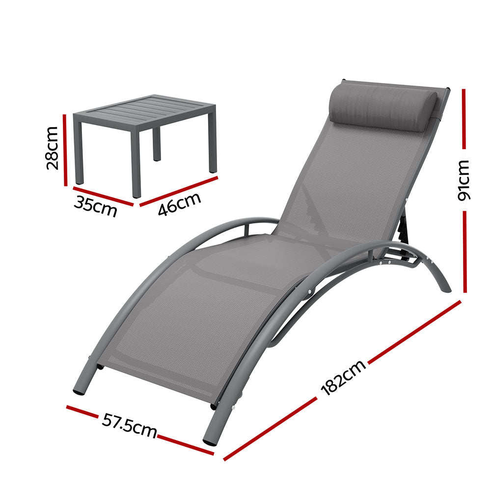Outdoor Sofas & Lounge Sets: Gardeon 3PC Sun Lounge Outdoor Lounger Steel Table Chairs Patio Furniture Grey