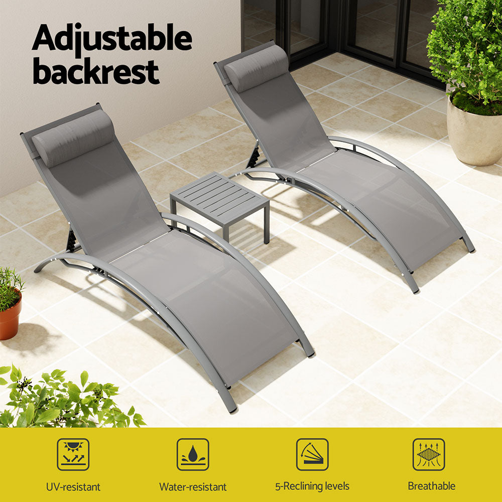 Outdoor Sofas & Lounge Sets: Gardeon 3PC Sun Lounge Outdoor Lounger Steel Table Chairs Patio Furniture Grey