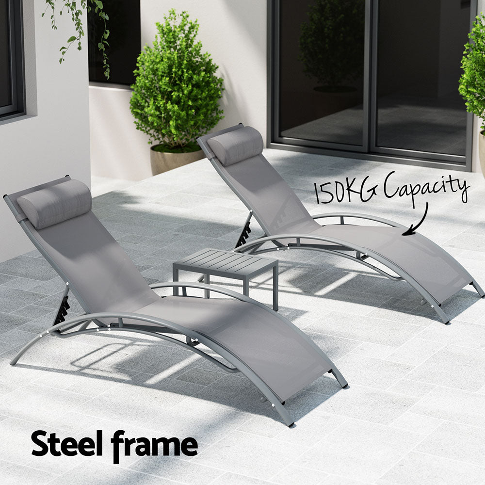 Outdoor Sofas & Lounge Sets: Gardeon 3PC Sun Lounge Outdoor Lounger Steel Table Chairs Patio Furniture Grey