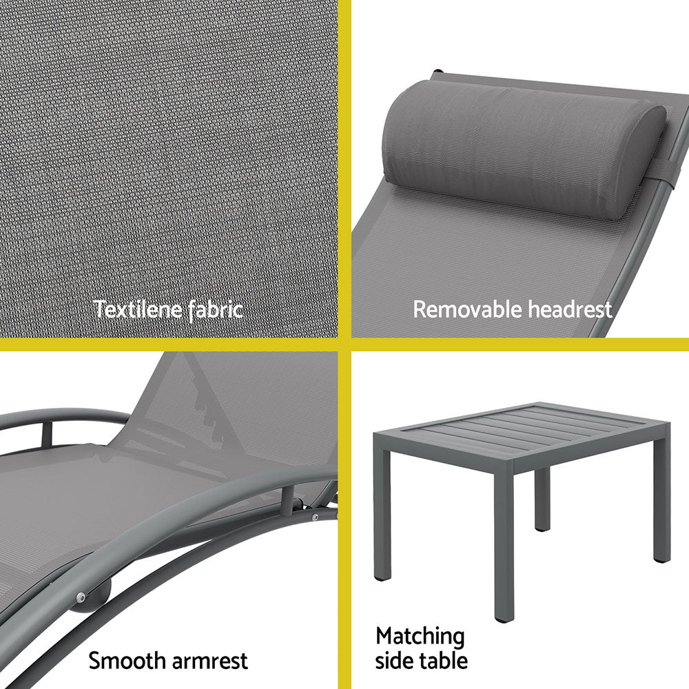 Outdoor Sofas & Lounge Sets: Gardeon 3PC Sun Lounge Outdoor Lounger Steel Table Chairs Patio Furniture Grey