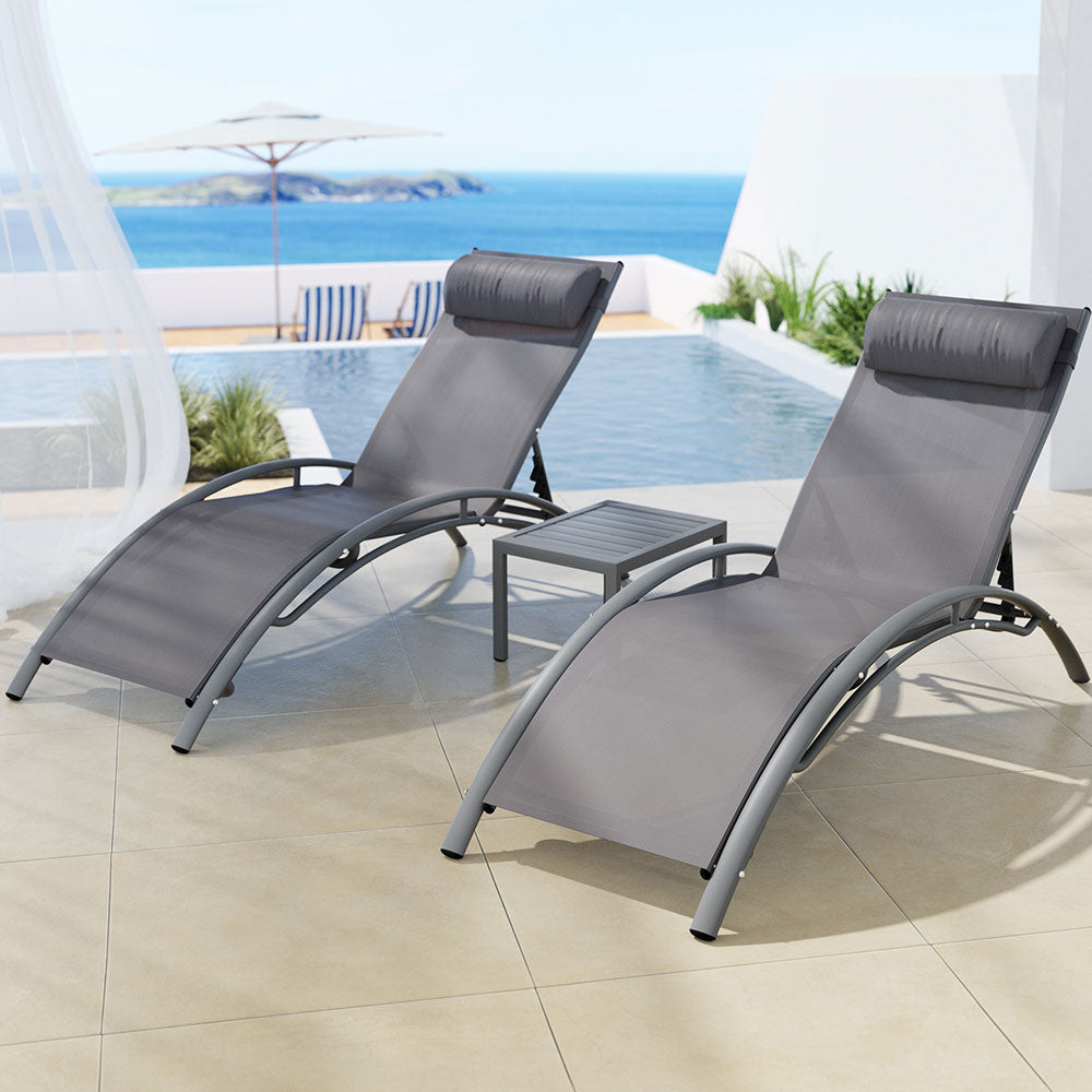 Outdoor Sofas & Lounge Sets: Gardeon 3PC Sun Lounge Outdoor Lounger Steel Table Chairs Patio Furniture Grey