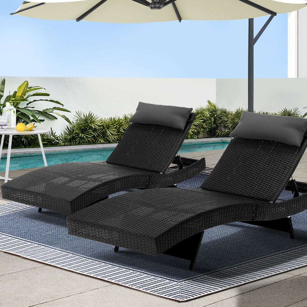 Outdoor Sofas & Lounge Sets: Gardeon 2PC Sun Lounge Wicker Lounger Outdoor Furniture Beach Chair Garden Adjustable Black