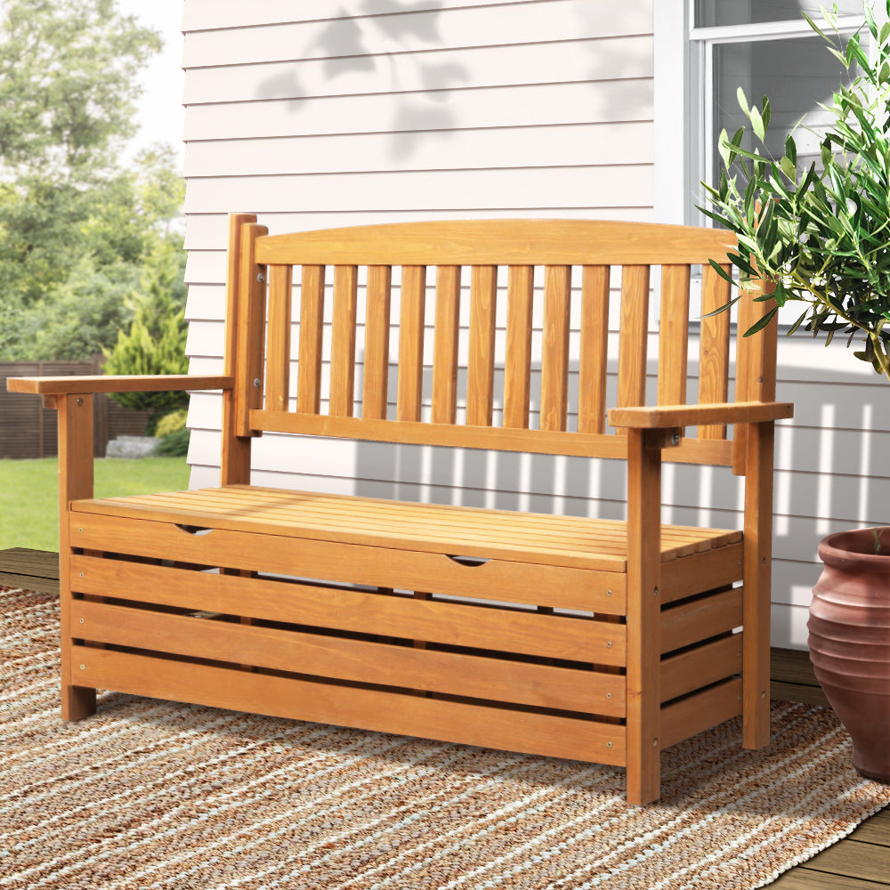 Outdoor Chairs: Gardeon Outdoor Storage Bench Box Wooden Garden Chair 2 Seat Timber Furniture