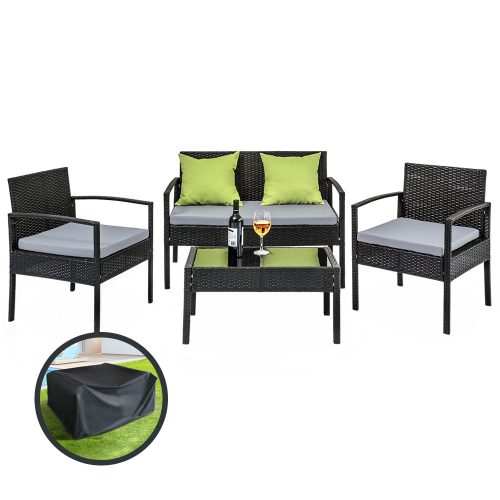Outdoor Sofas & Lounge Sets: Gardeon Outdoor Sofa Set Wicker Lounge Setting Table and Chairs Storage Cover