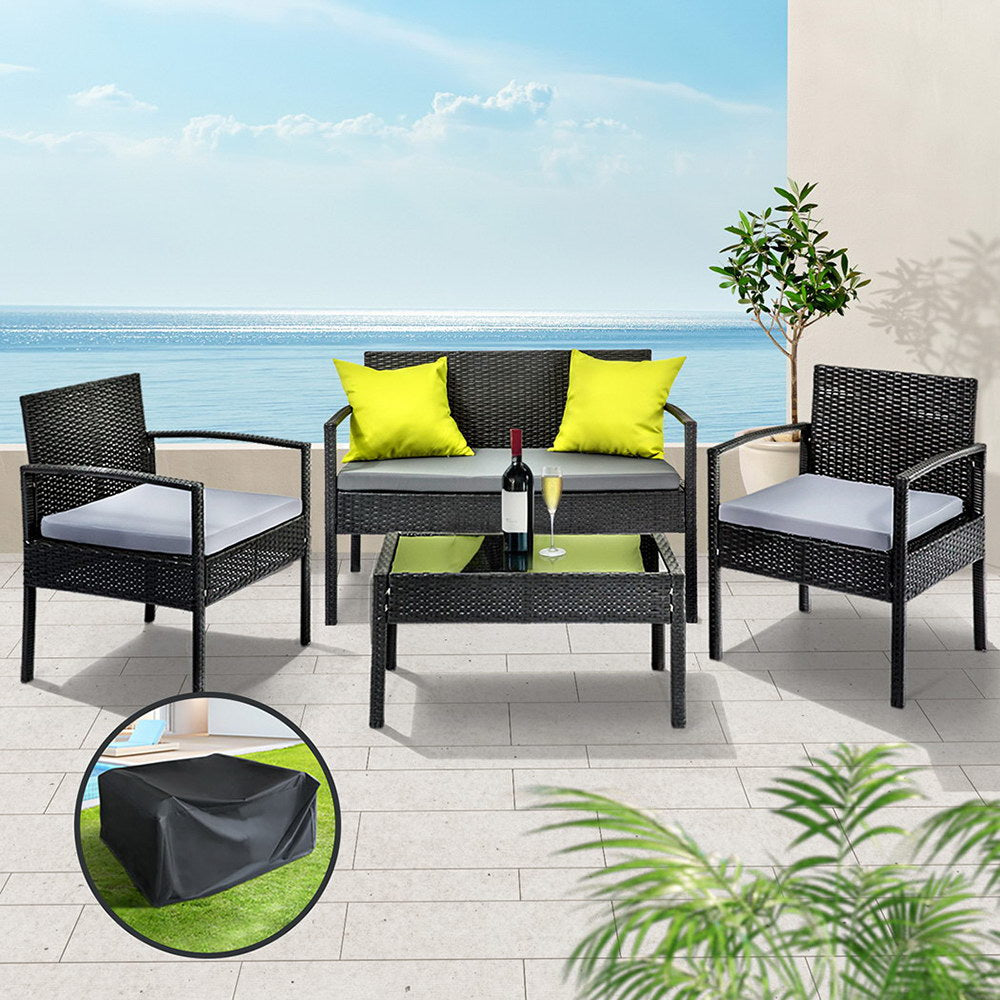 Outdoor Sofas & Lounge Sets: Gardeon Outdoor Sofa Set Wicker Lounge Setting Table and Chairs Storage Cover