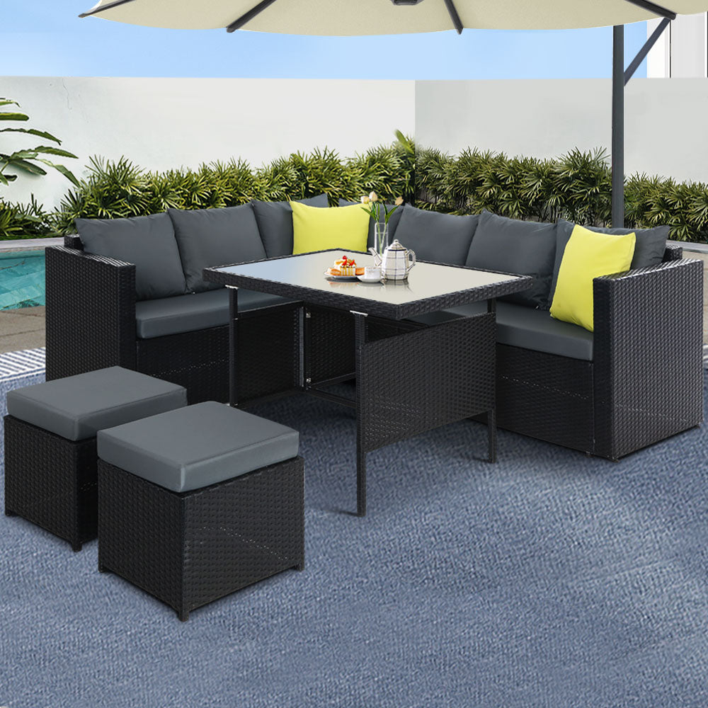 Outdoor Chairs: Gardeon Outdoor Dining Set Aluminum Table Chairs Wicker Setting Black