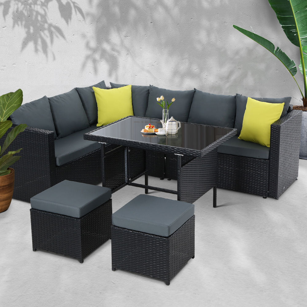 Outdoor Chairs: Gardeon Outdoor Dining Set Aluminum Table Chairs Wicker Setting Black
