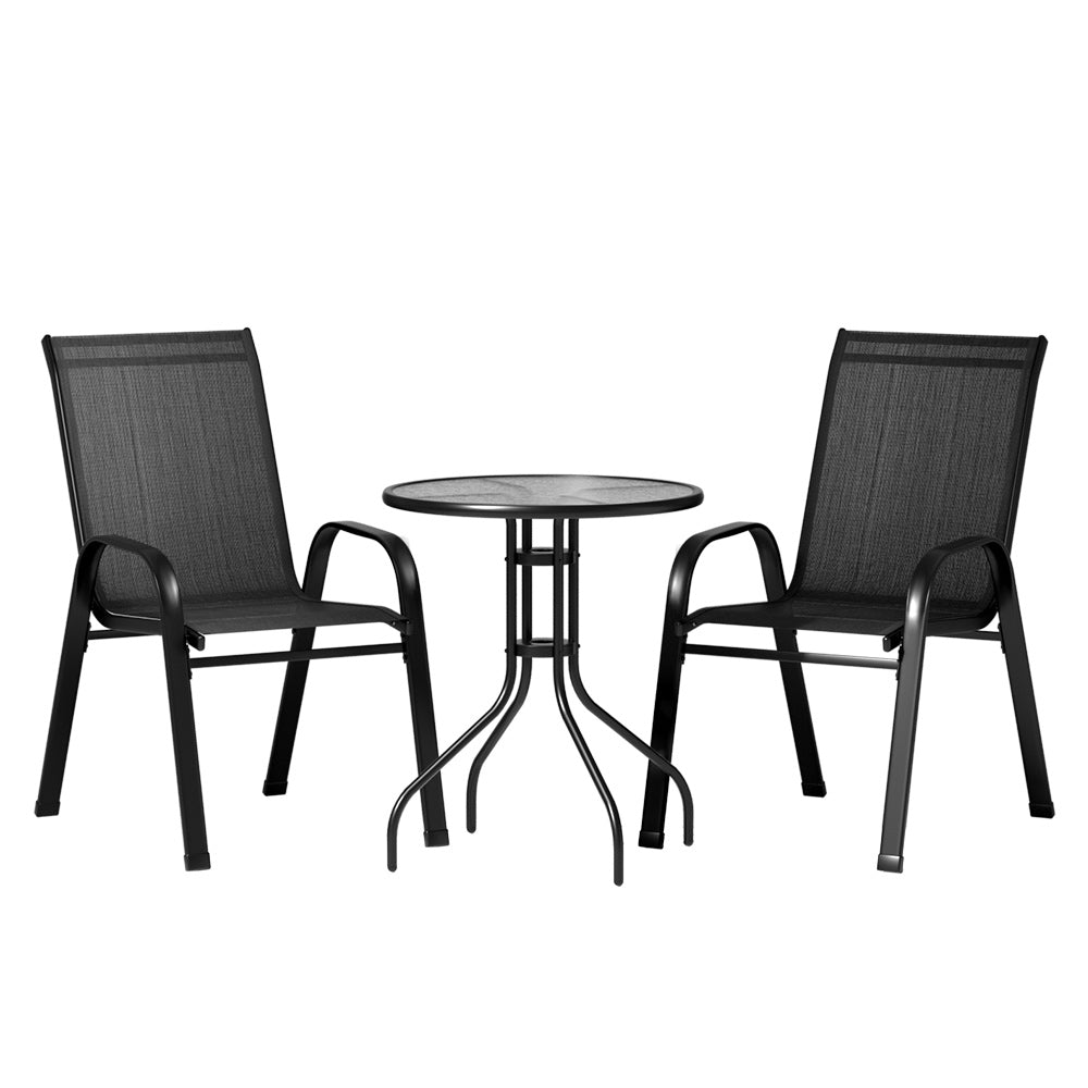 Outdoor Sofas & Lounge Sets: Gardeon 3PC Outdoor Bistro Set Table and Chairs Stackable Patio Furniture Black