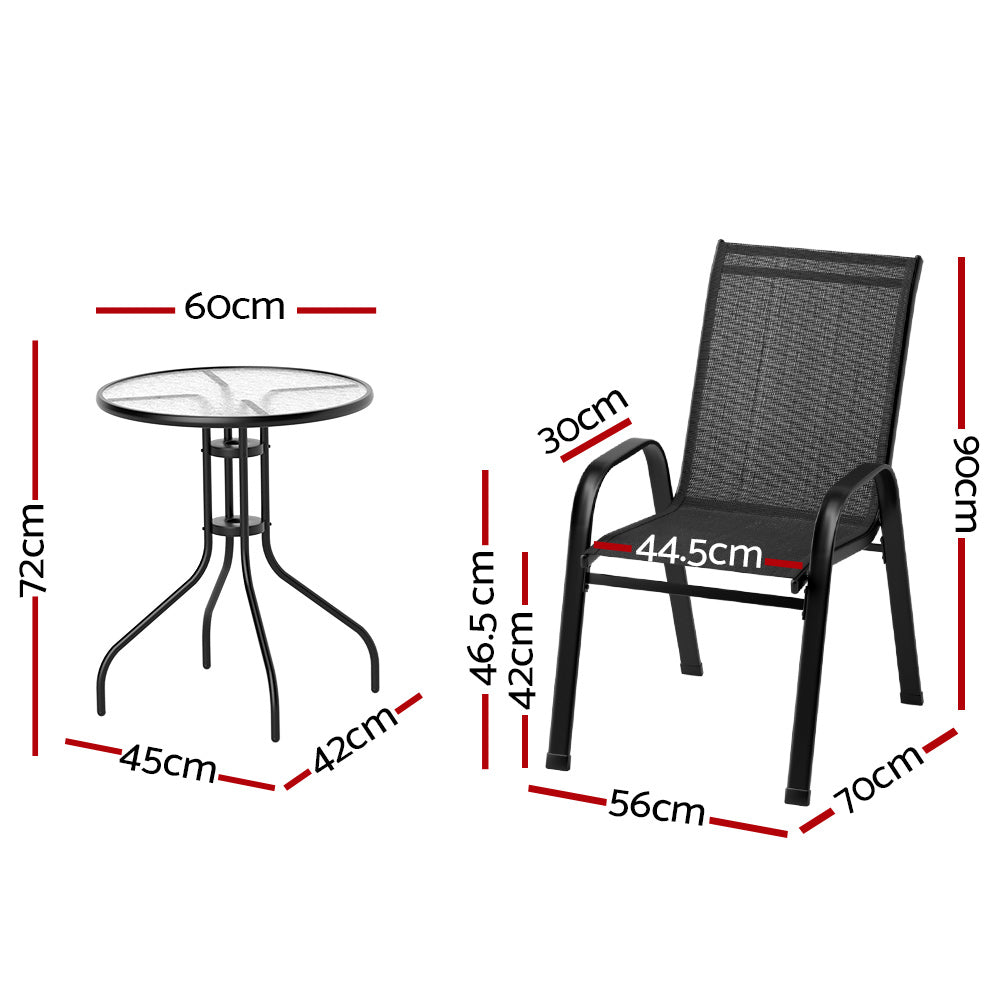 Outdoor Sofas & Lounge Sets: Gardeon 3PC Outdoor Bistro Set Table and Chairs Stackable Patio Furniture Black