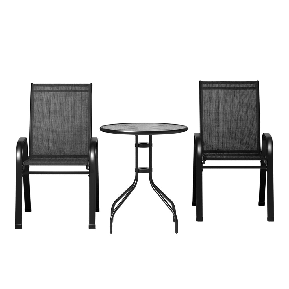 Outdoor Sofas & Lounge Sets: Gardeon 3PC Outdoor Bistro Set Table and Chairs Stackable Patio Furniture Black