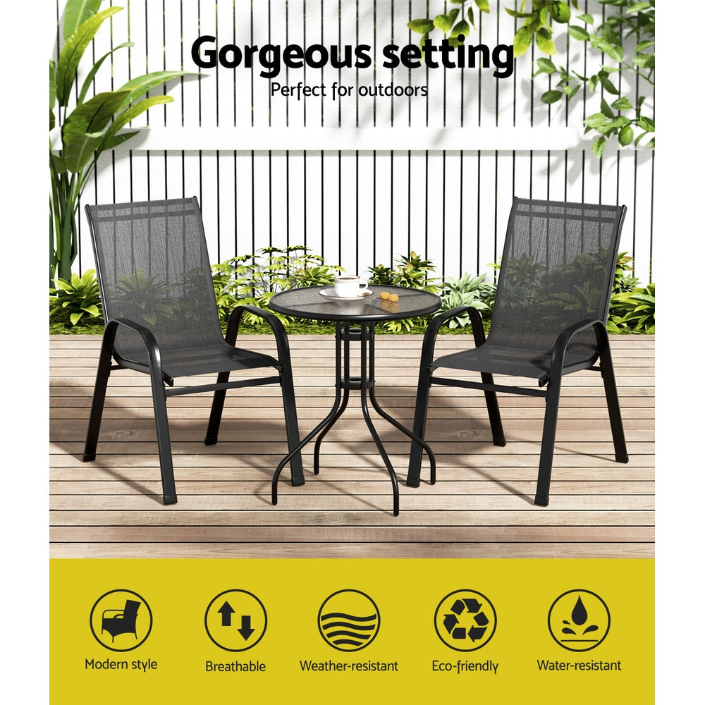 Outdoor Sofas & Lounge Sets: Gardeon 3PC Outdoor Bistro Set Table and Chairs Stackable Patio Furniture Black
