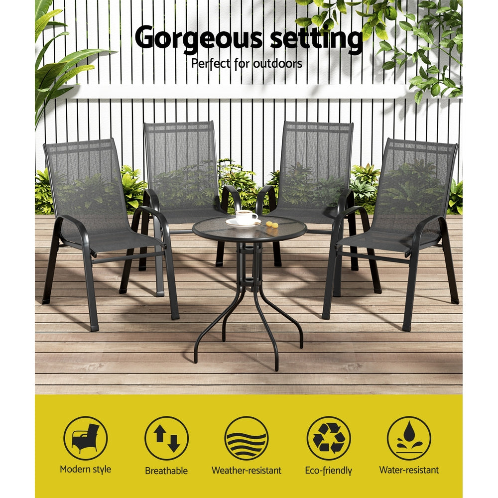 Outdoor Sofas & Lounge Sets: Gardeon 5PC Bistro Set Outdoor Table and Chairs Stackable Outdoor Furniture Black