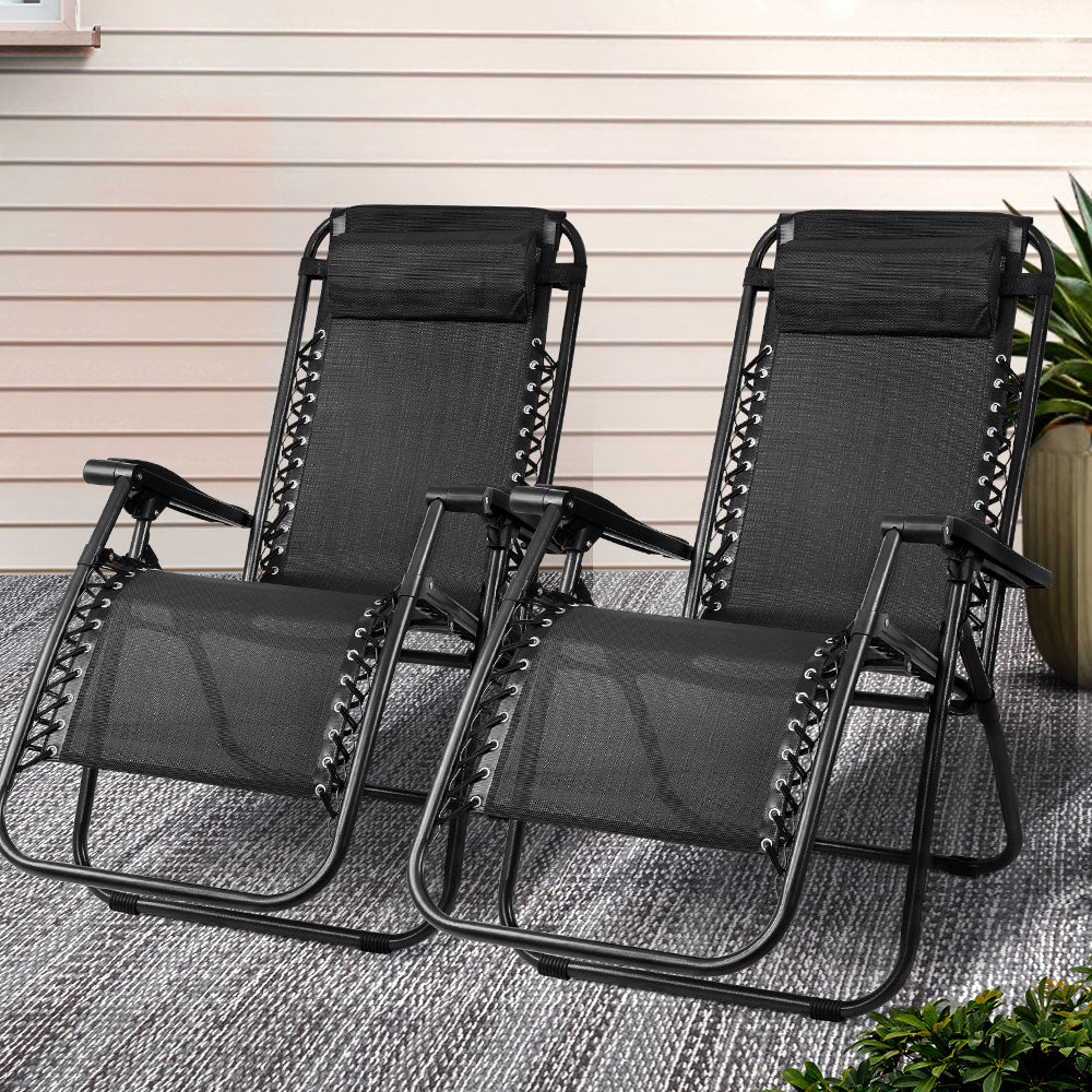 Outdoor Chairs: Gardeon 2PC Zero Gravity Chair Folding Outdoor Recliner Adjustable Sun Lounge Camping Black