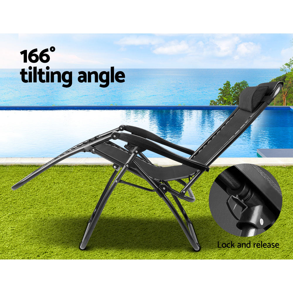 Outdoor Chairs: Gardeon 2PC Zero Gravity Chair Folding Outdoor Recliner Adjustable Sun Lounge Camping Black