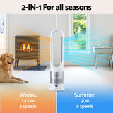 Electric Heaters: Devanti Bladeless Tower Fan Heater and Cooler 2in1 Portable Oscillation Fan for Bedroom Room Office Use White