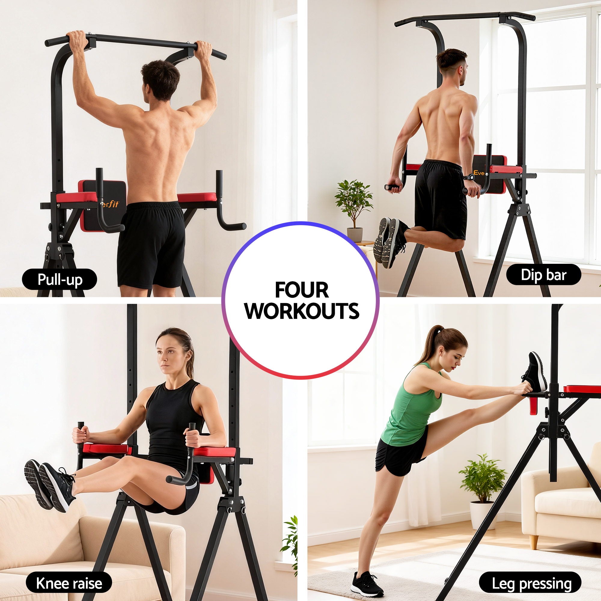Weightlifting Machines & Racks: Everfit Chin Up Tower Pull Up Station Adjustable Dip Station Folding Home Gym Black