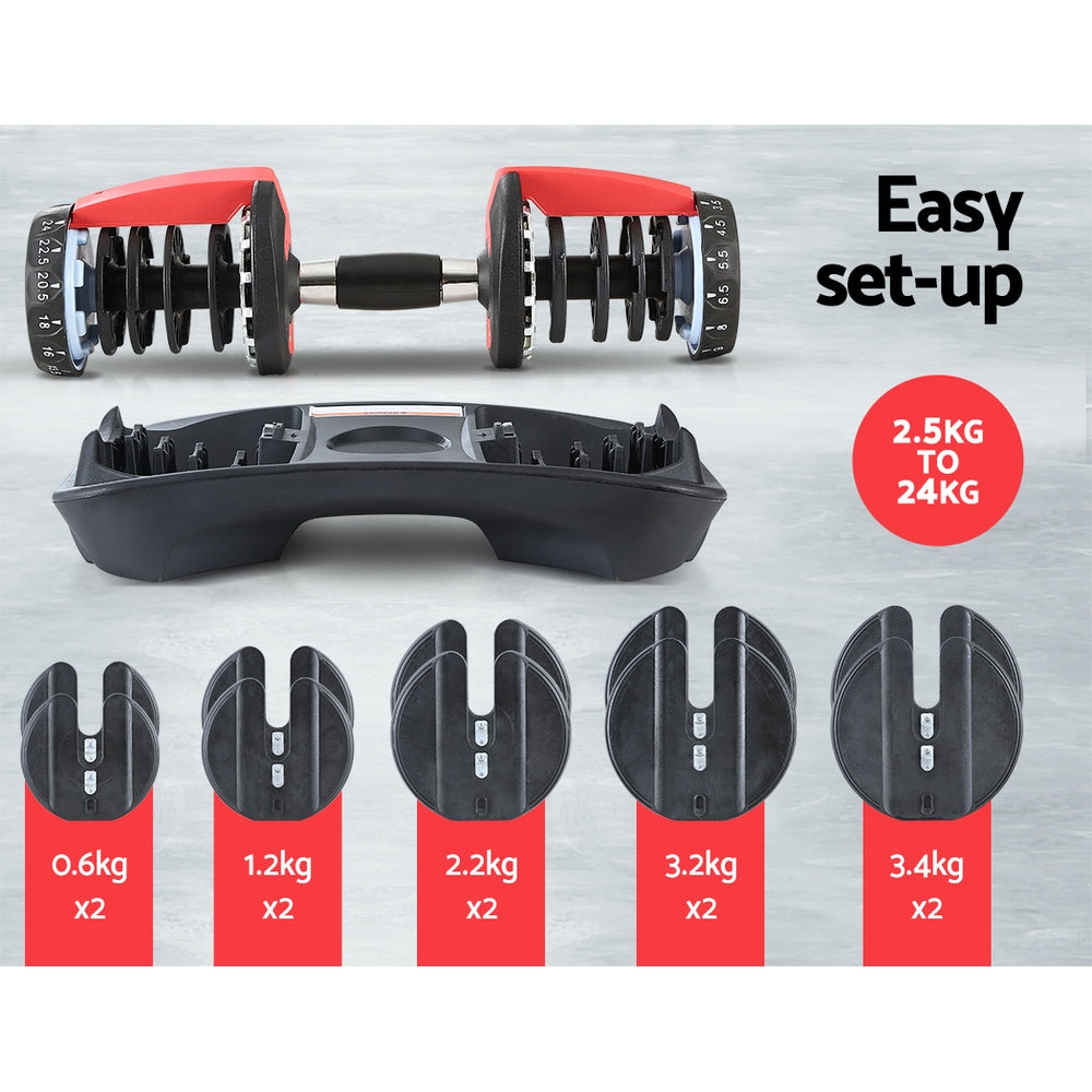 Free Weights: Everfit 24kg Dumbbells Adjustable Dumbbell Weight Plates Home Gym