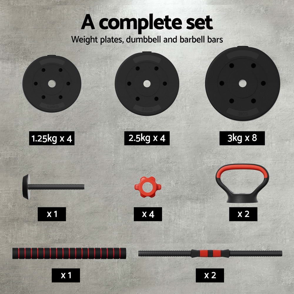 Free Weights: Everfit 40kg Adjustable Dumbbells Set Kettle Bell Weight Plates Barbells Gym