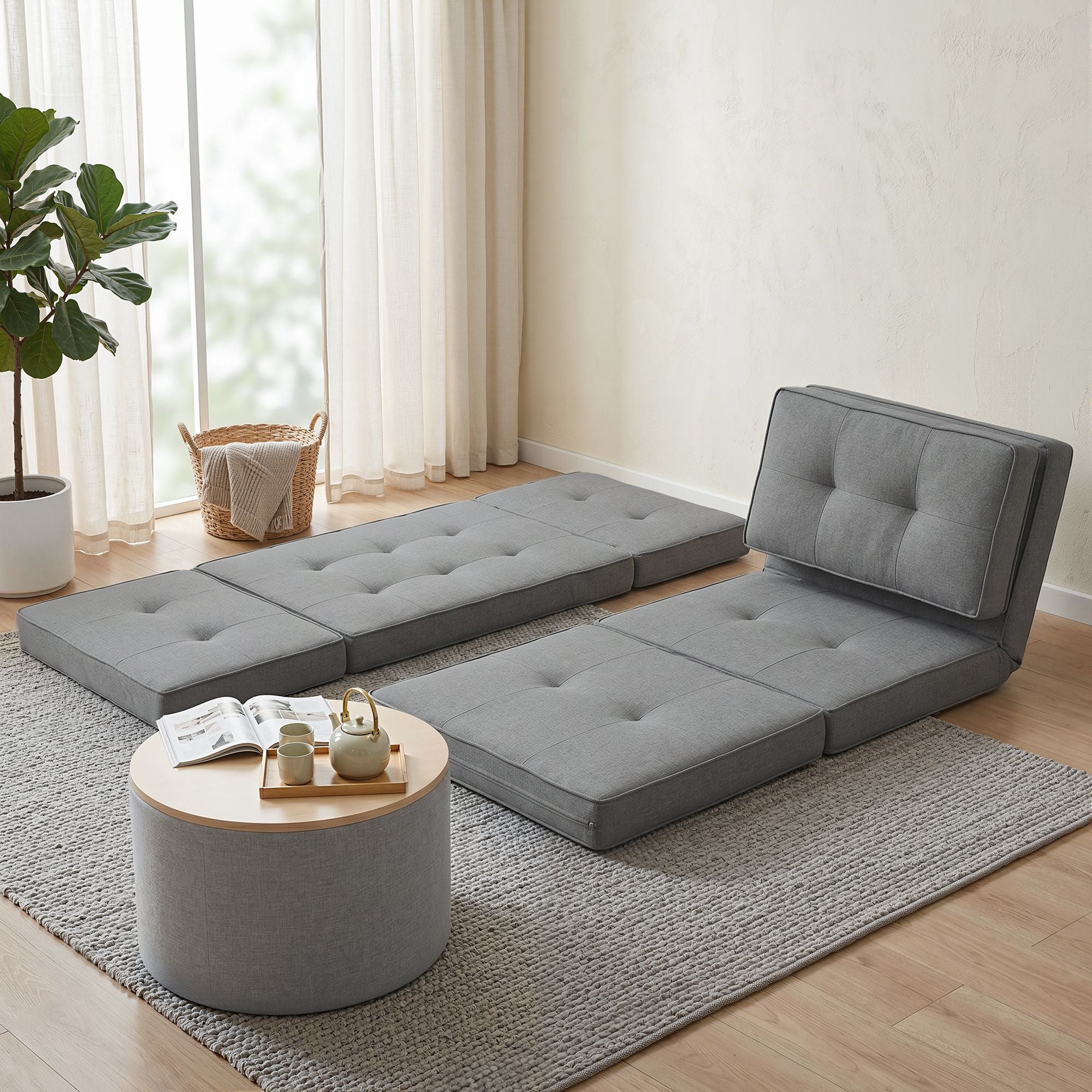 Artiss Recliner Adjustable Floor Chaise Lounge & Ottoman Foot Rest Grey Set