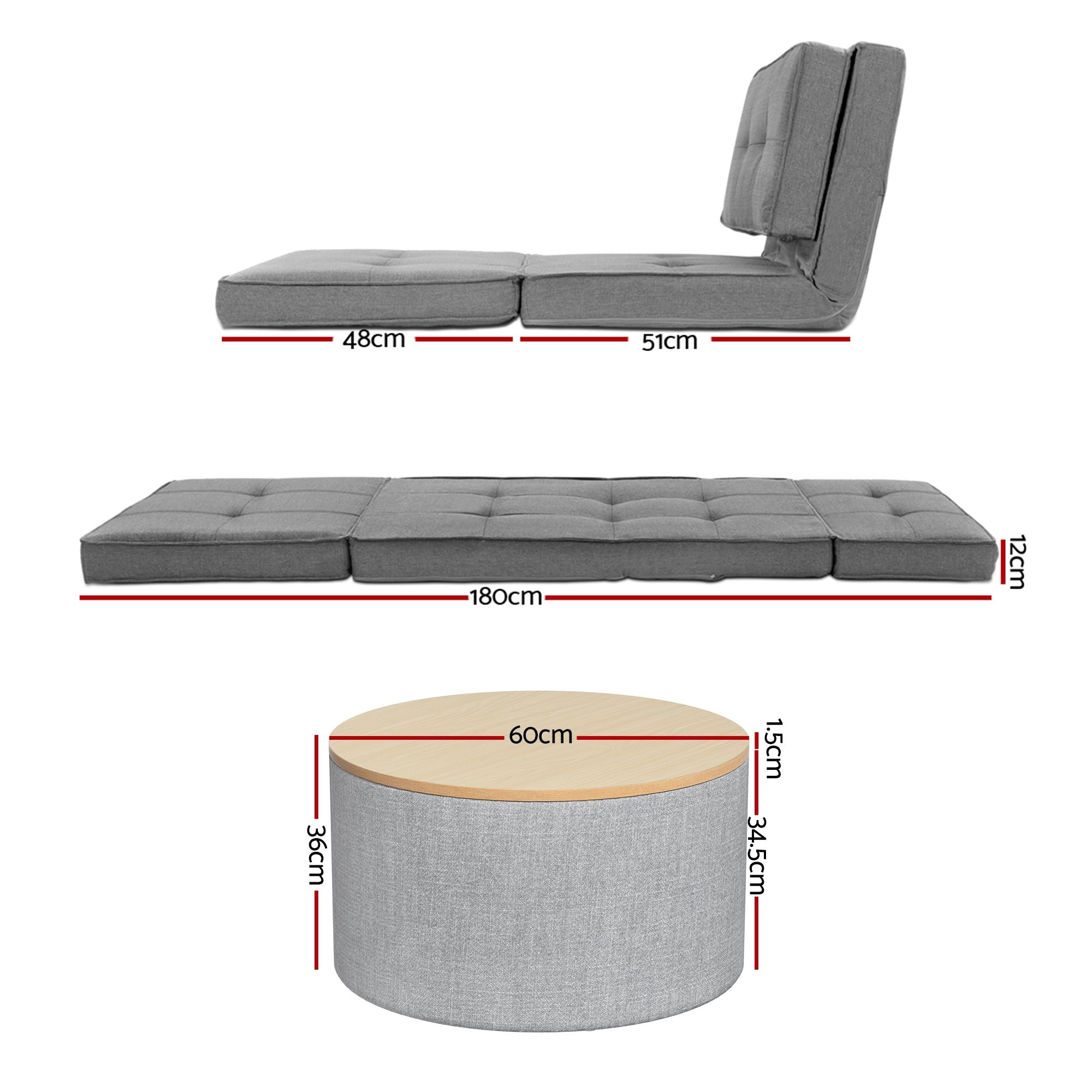 Artiss Recliner Adjustable Floor Chaise Lounge & Ottoman Foot Rest Grey Set