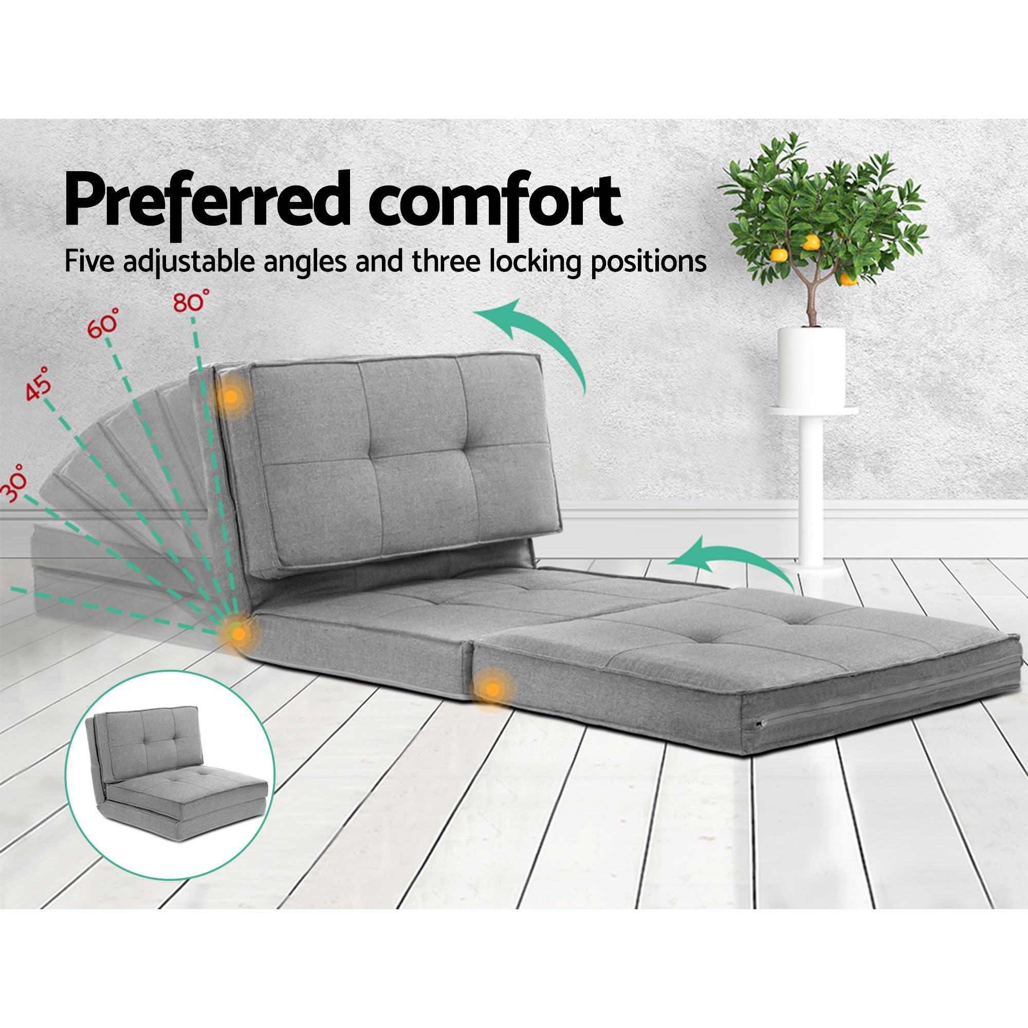 Artiss Recliner Adjustable Floor Chaise Lounge & Ottoman Foot Rest Grey Set