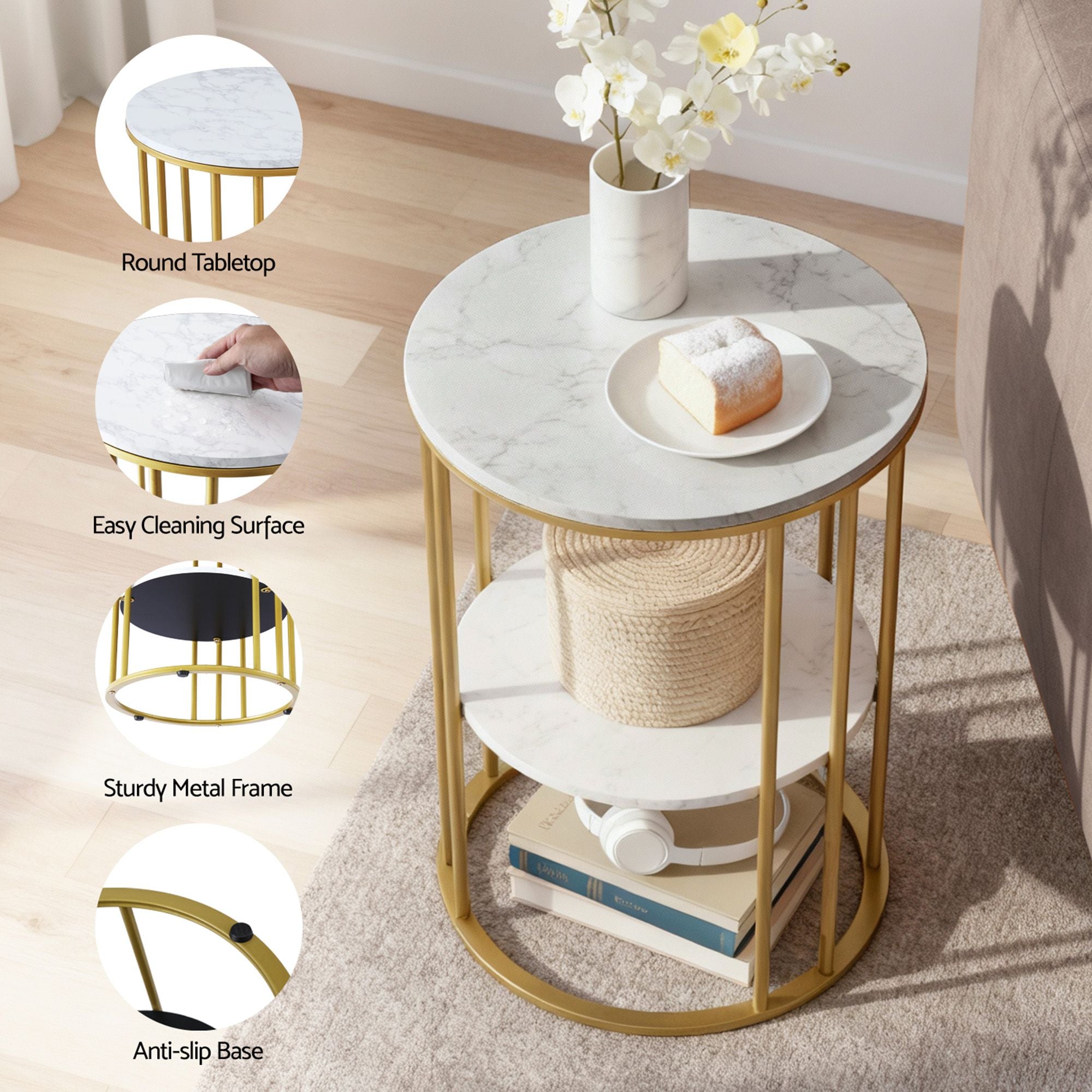 Artiss Floor Lounge Sofa Bed & Coffee Table 2 Tier Marble Effect Side Table Set