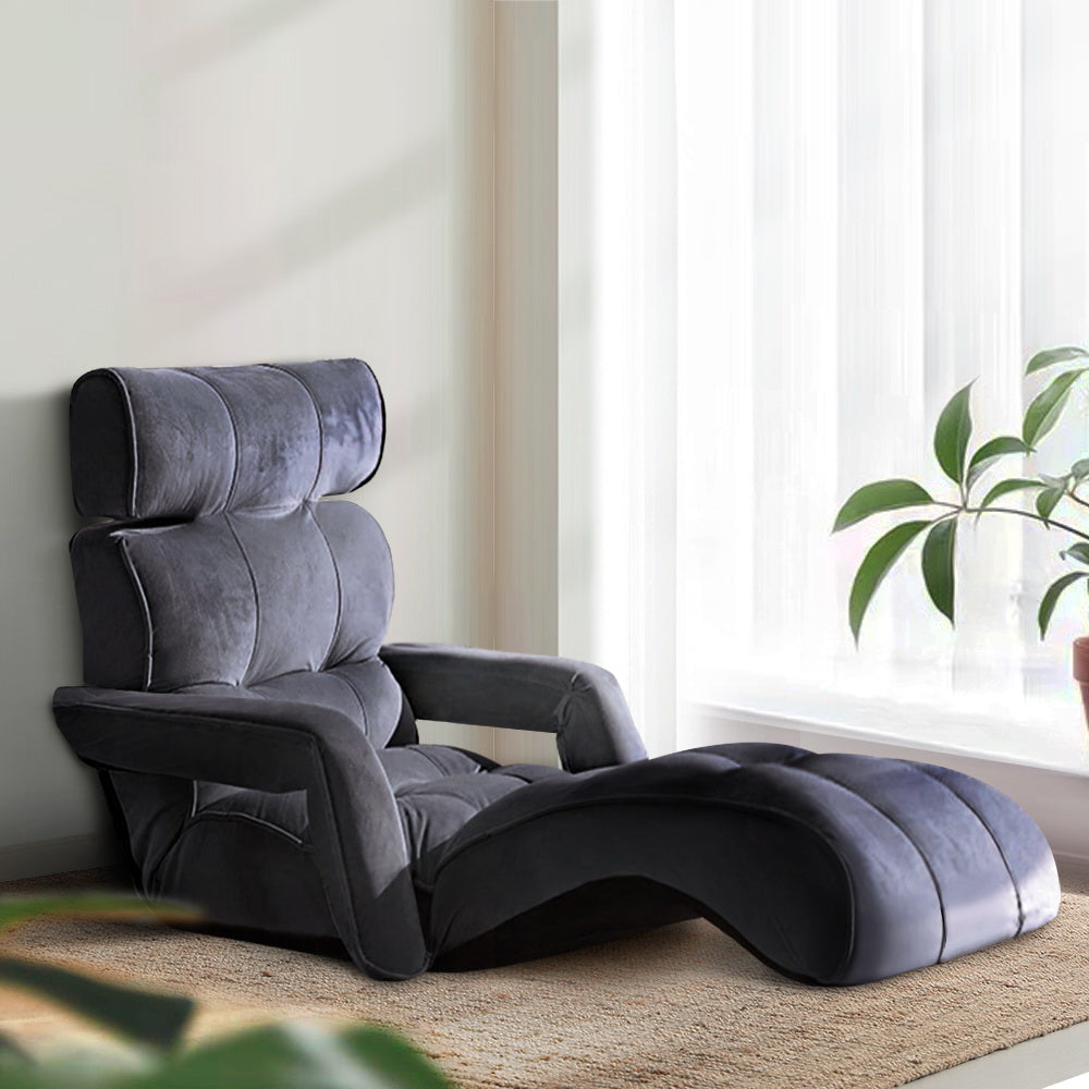 Arm Chairs & Recliners: Artiss Floor Lounge Sofa With Armrest Flocking Fabric Charcoal