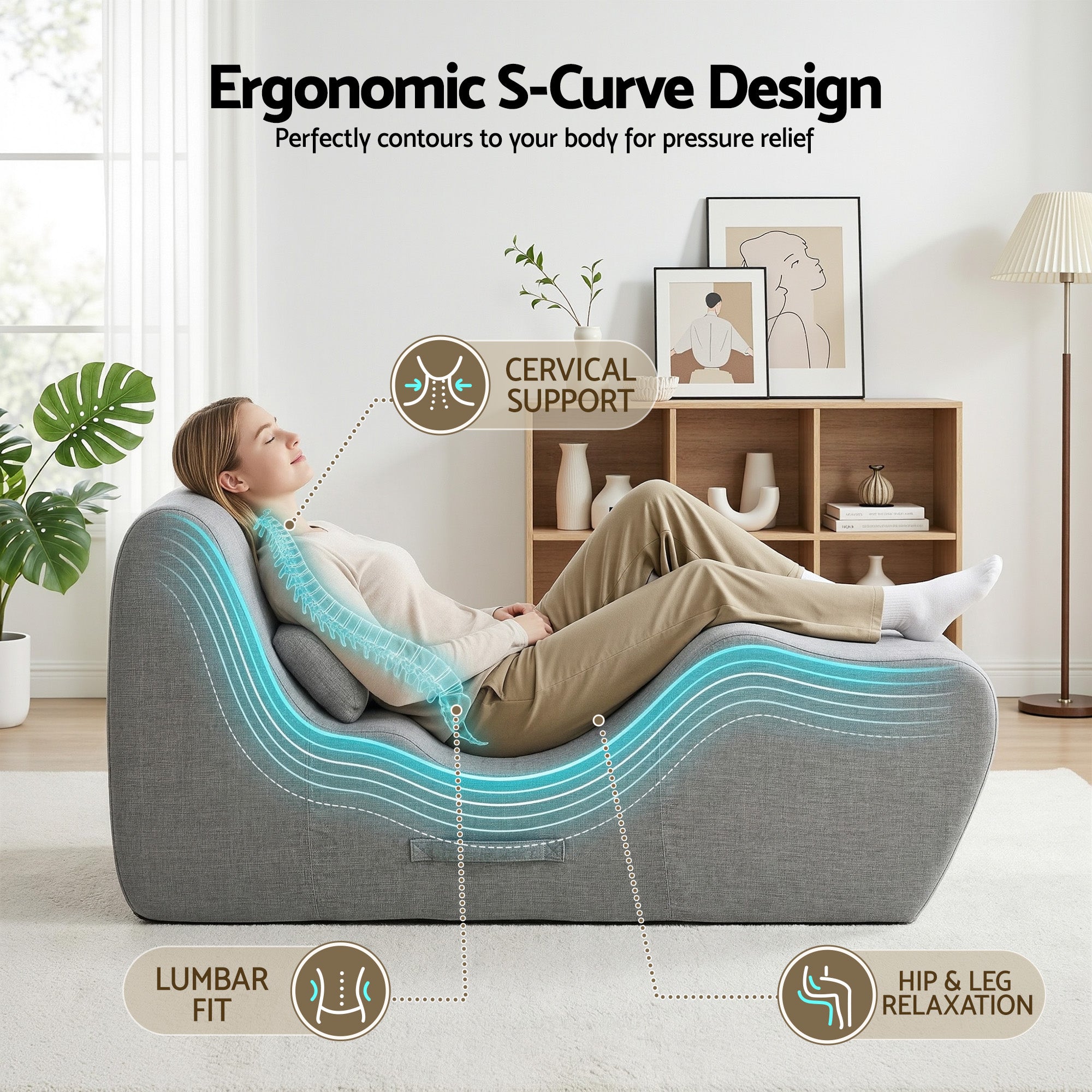 Artiss Chaise Lounge Chair Ergonomic S-Curve Floor Lounger Boneless Lounge Chairs Grey
