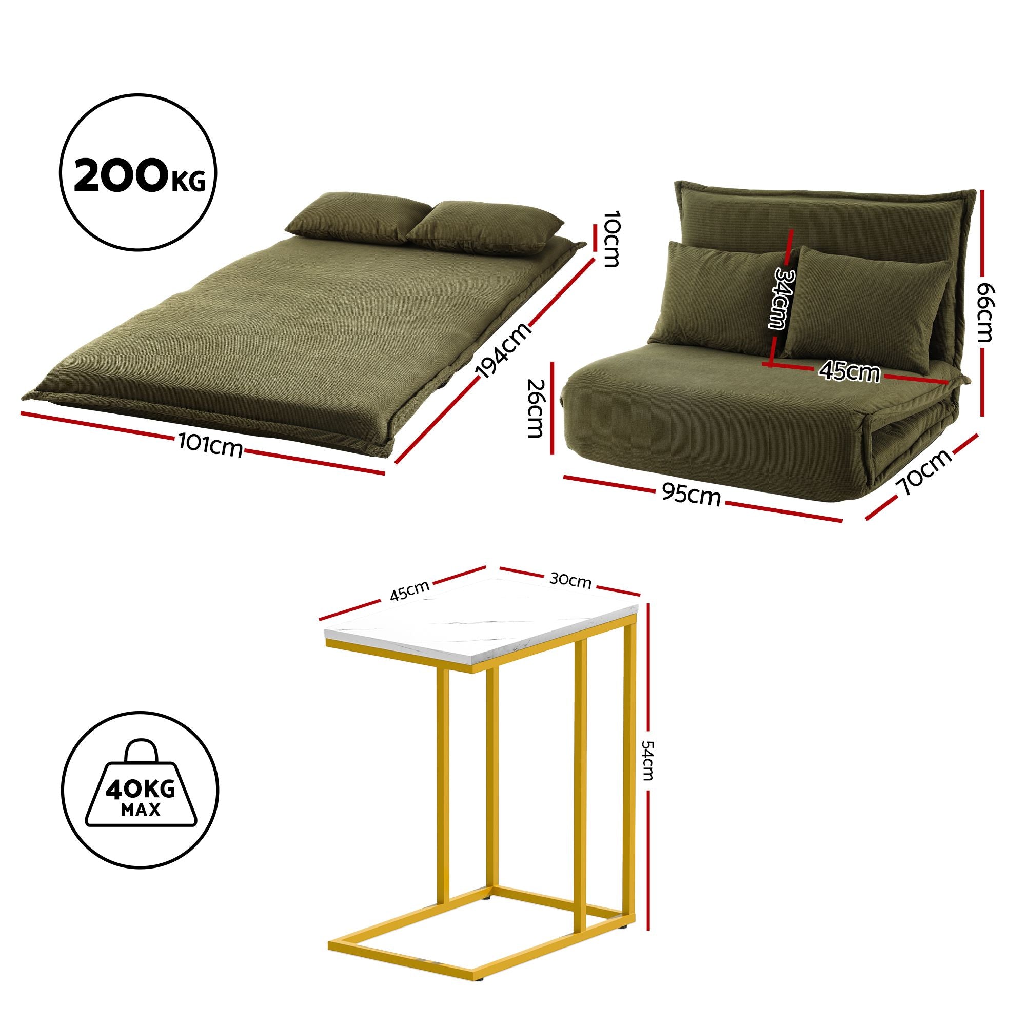 Artiss Floor Lounge Sofa Bed Folding Chaise Chair Green & Coffee Table Side Table Marble Effect