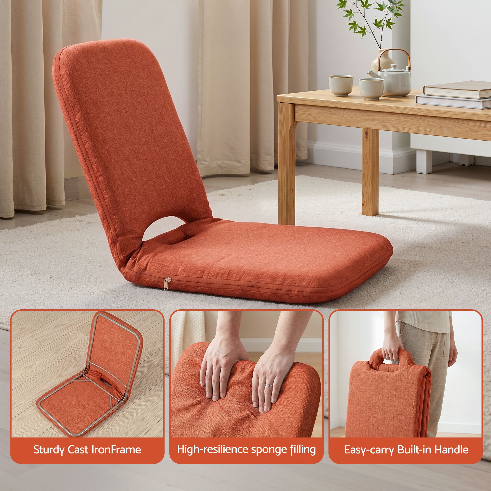 Artiss Floor Chair 5 Position Adjustable Orange Lazy Sofa for Living Room Bedroom