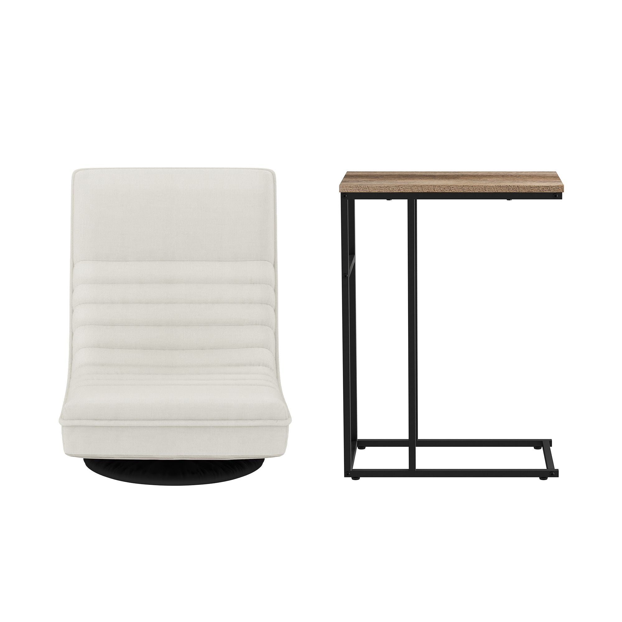 Artiss Floor Lounge & Coffee Table Set, Swviel Foldable Linen Sofa Chair White, C-Shaped Side Table Walnut