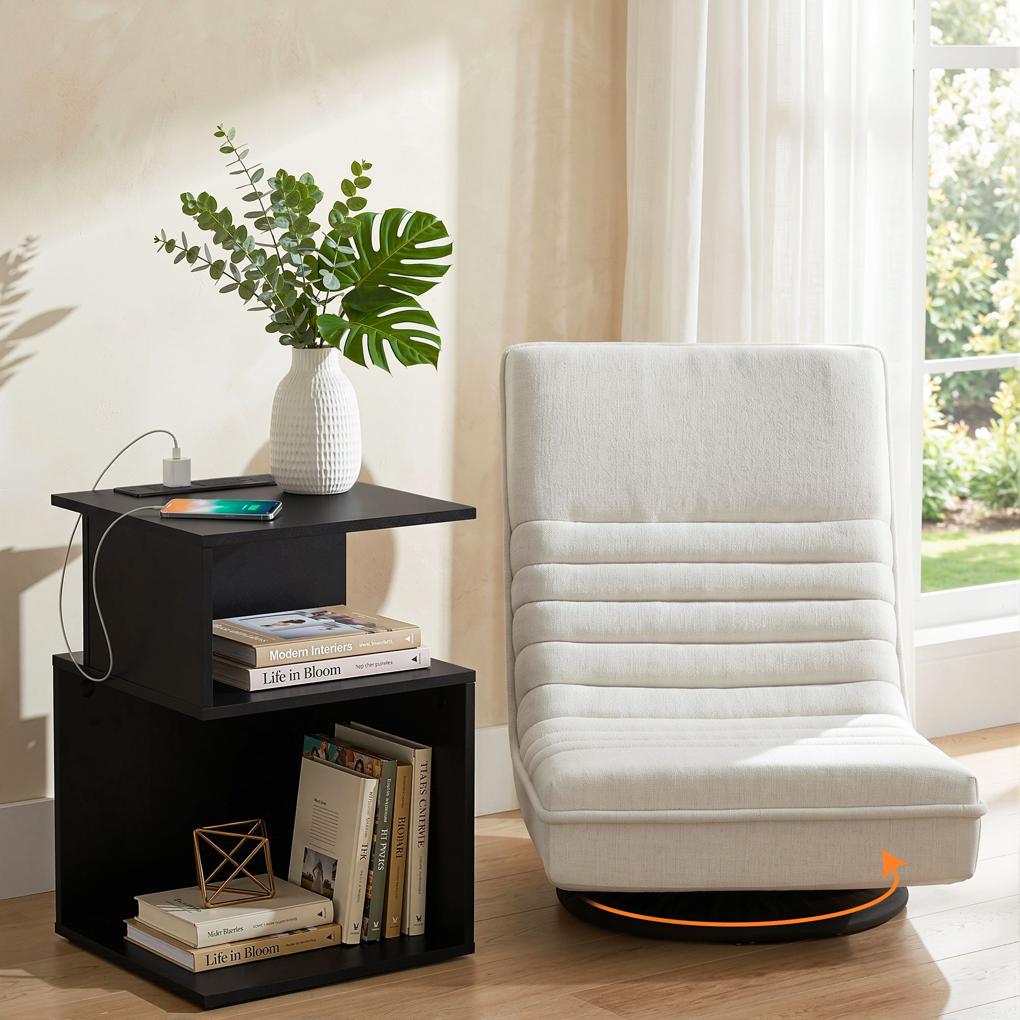 Artiss Swivel Floor Chair and Bedside Table with Charging Station Set