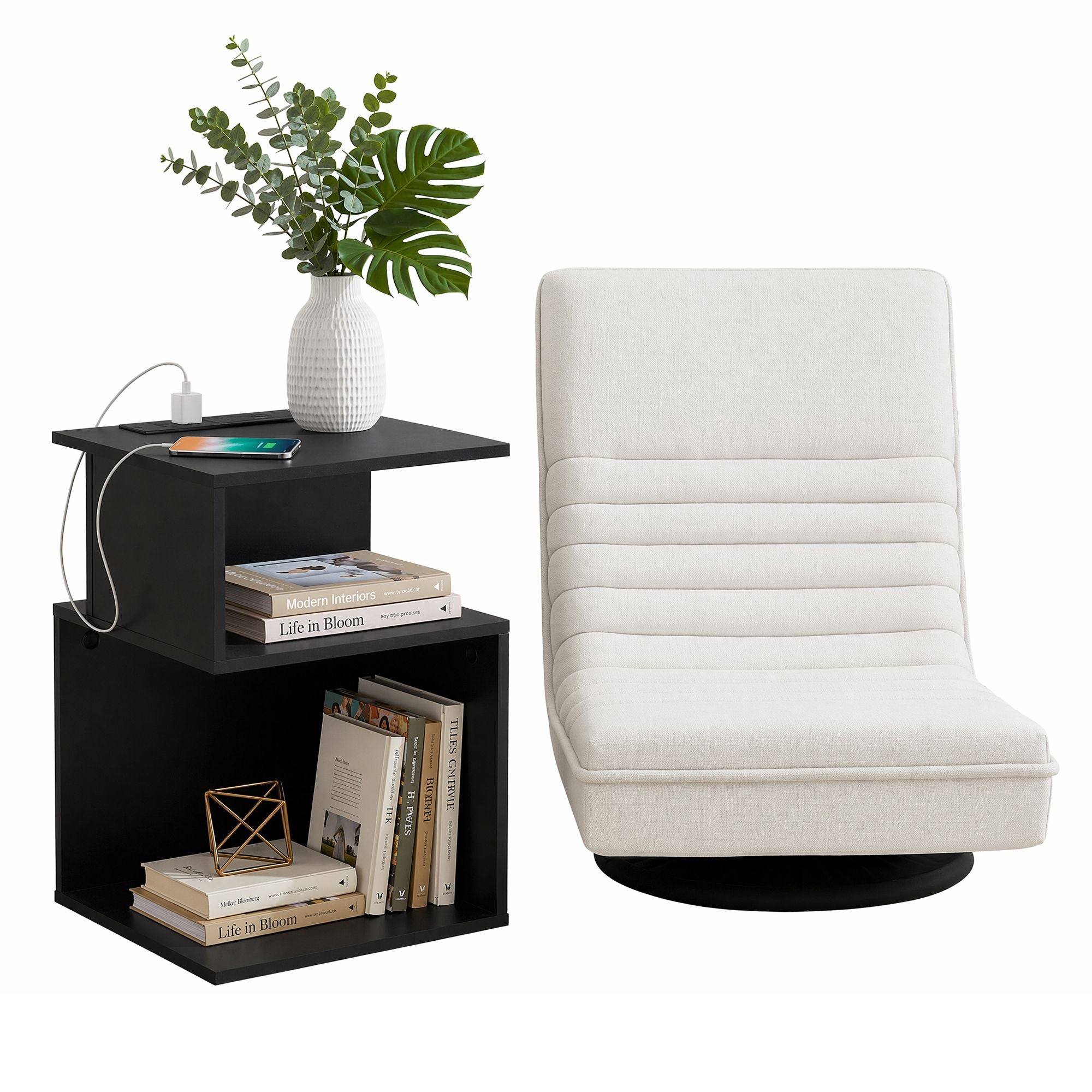 Artiss Swivel Floor Chair and Bedside Table with Charging Station Set