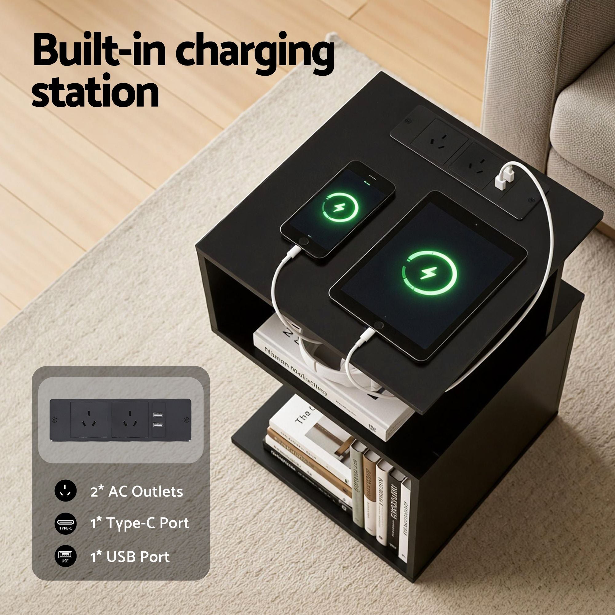 Artiss Swivel Floor Chair and Bedside Table with Charging Station Set