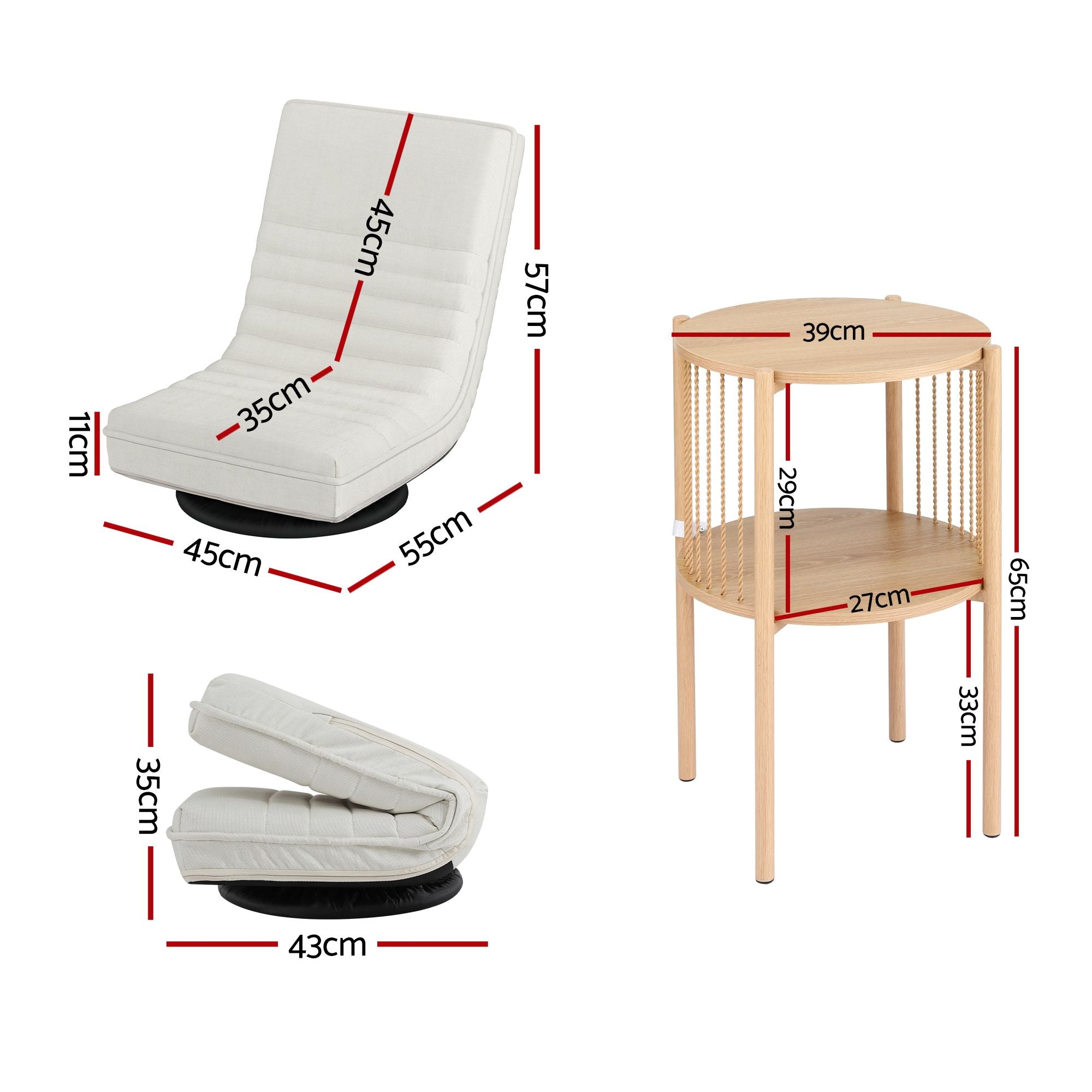 Artiss Floor Lounge Folding Swivel Sofa Chair and 2 Tier Round End Side Table Set