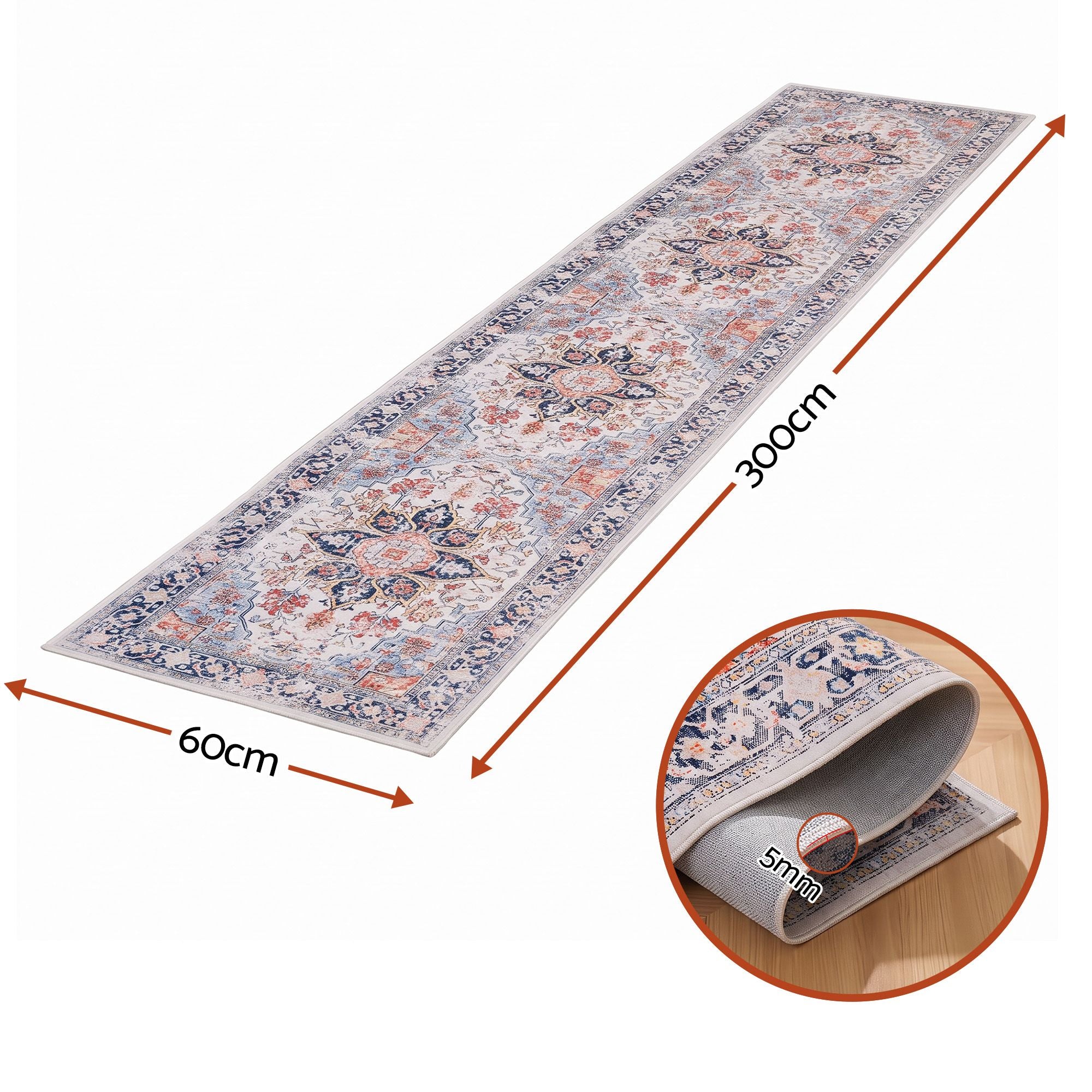 Artiss 60 x 300 cm Runner Rugs For Living Room No Heavy Rubber Crease-Free Foldable Design For Kitchen Entryway And Bedroom 100% Polyester Water-repellent Resistant Non-Shedding