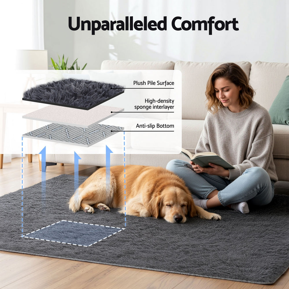 Floor Rugs: Artiss Floor Rug 140x200cm Plush Area Shaggy Rug Living Room Bedroom Carpet Grey