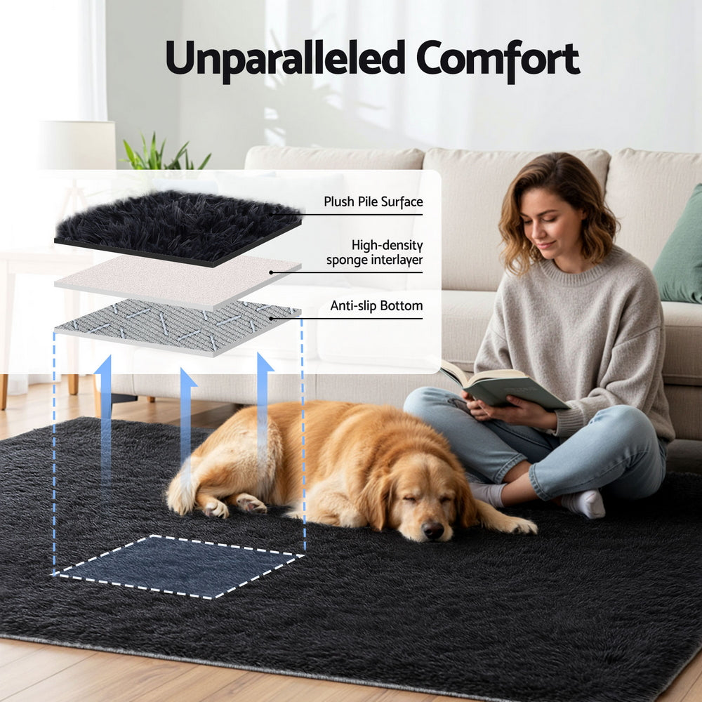 Floor Rugs: Artiss Floor Rug 160x230cm Plush Area Shaggy Rug Living Room Bedroom Carpet Black