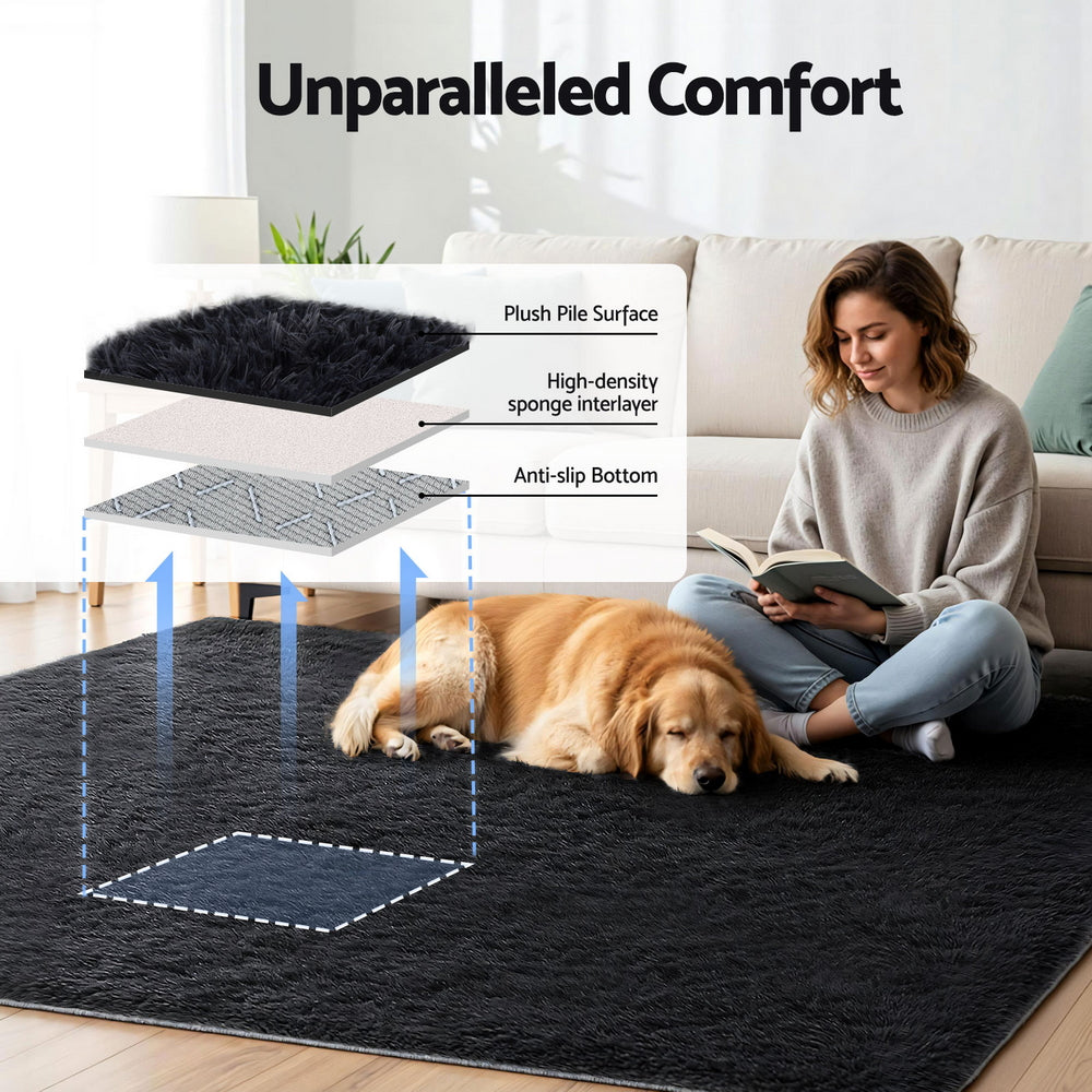 Floor Rugs: Artiss Floor Rug 200x230cm Plush Area Shaggy Rug Living Room Bedroom Carpet Black